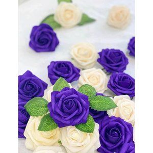 25 Count | Deep Purple & Champagne Artificial Flowers Wedding Bouquet